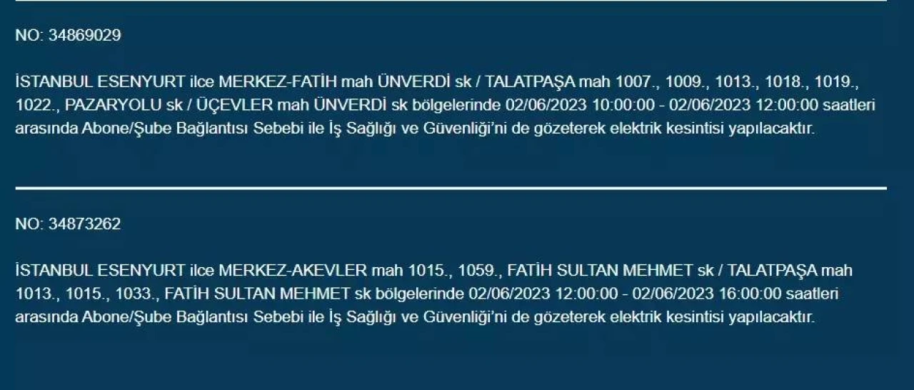 İstanbul'da O İlçelerde Elektrik Kesintisi Var! 02 Haziran 2023 Cuma 10